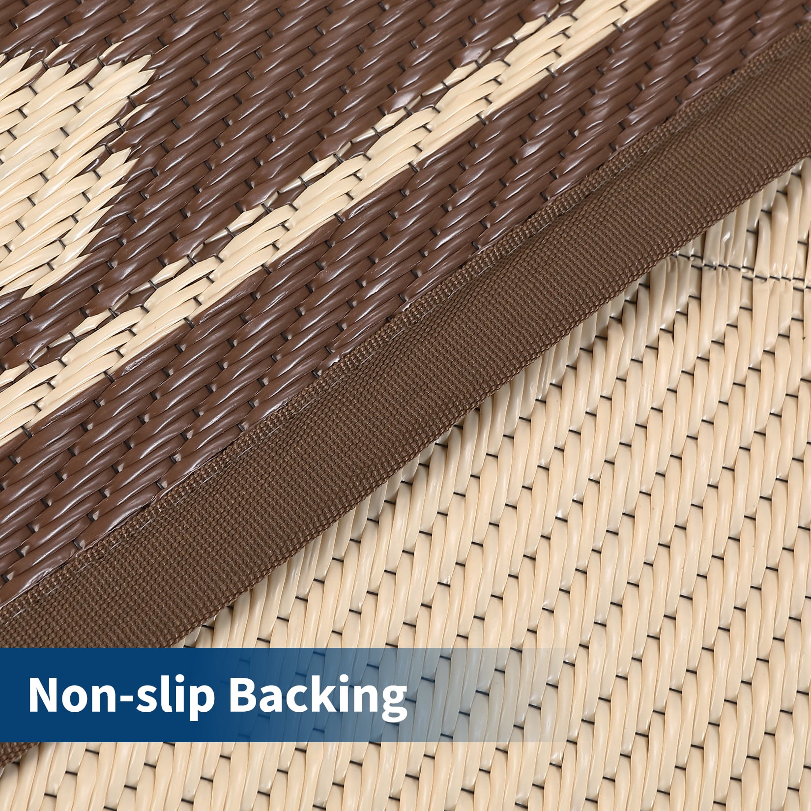 Large 9x18 Outdoor Area Rug, Waterproof Plastic Straw Mat with Framed Geometric Design for RV Awning, Patio, Deck, Garden, Camping, Beach and Backyard,Brown Coffee