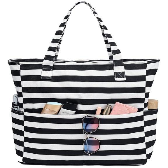 AlmosTen Women Beach Bags and Totes Waterproof,Extra Large 9-Pockets Foldable Beach Bags for Women Waterproof Sandproof Beach Tote Bag,Large Beach Bags with Zipper for Women,Black Stripe