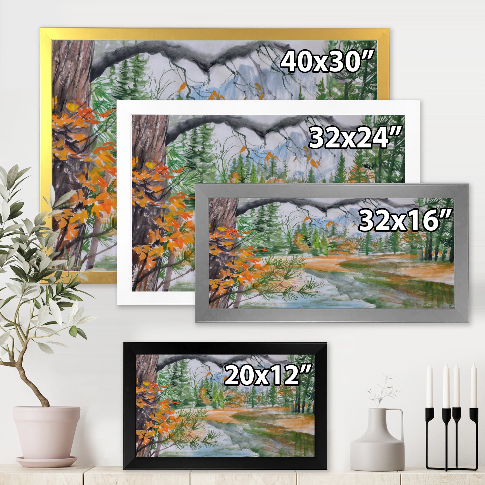 Designart 'Trees With River In Autumn Forest' Lake House Framed Art Print