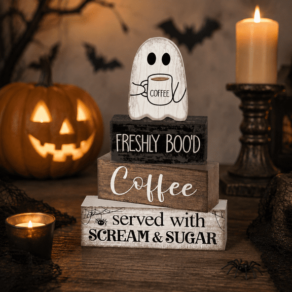 Halloween Decor,Halloween Wooden Decor Ghost Coffee Bar Sign, Wooden Tiered Tray Decor,Stackable Fall Decorations for Home Indoor, Blocks for Office Kitchen Shelf(A)