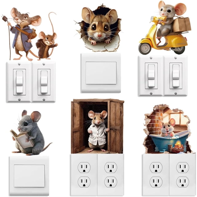 Peacoblue Light Switch Plate Stickers Labels Decals 6Pcs 7"x7" Mouses for Home House Decorative, Funny Peel and Stick Light Wall Outlet Stickers for Switch Decoration