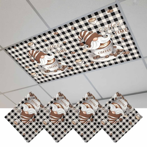 Coffee Gnomes Magnetic Fluorescent Light Covers for Ceiling Lights 2x4Ft, Farmhouse Brown Bean Plaid Black Grey Office Classroom Kitchen Drop Ceiling Light Covers Lighting Filters Shade Panel 4 Packs
