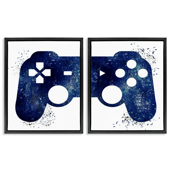 Stupell Industries Blue Controller Modern Speckles Entertainment Painting Black Floater Framed Canvas Art Print Wall Art, 17 x 21, Set of 2