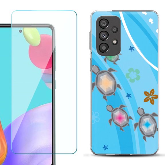 Slim-Fit Gel TPU Phone Case for Samsung Galaxy A33 5G, with Tempered Glass Screen Protector, by OneToughShield ® - Happy Turtle