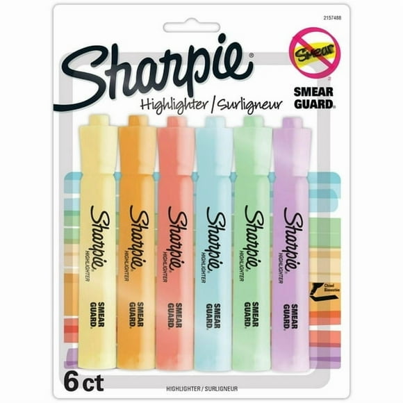 Sharpie Tank Highlighters, Mild Pastel Colours, Assorted, Chisel Tip, 6 Count, Large tip highlighters