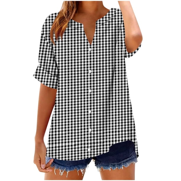 Camisetas Casuales de las Mujeres con Cuello en V Manga Corta Suelta de Verano de Moda Botón Impreso Camiseta