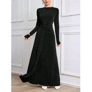 Black Womens Long Sleeve Ruched Knit Elegant Modest Maxi Dress
