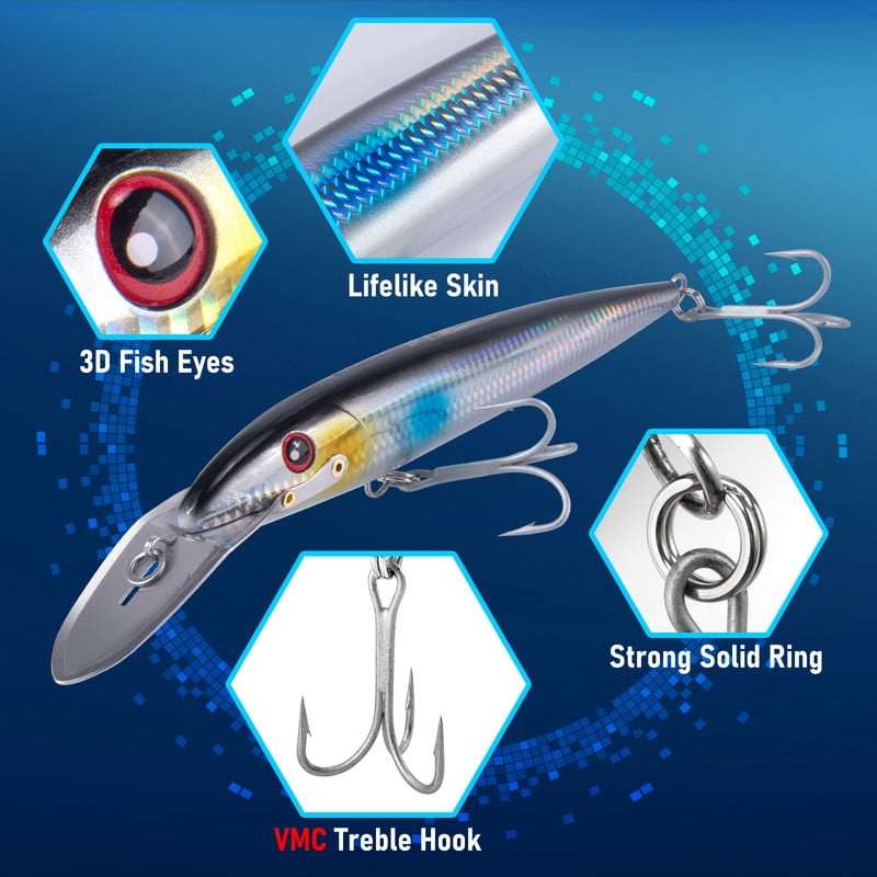 Dr.Fish Deep Diving Trolling Lures 13-20ft Saltwater Hard Fishing Lures 7.3" Deep Diving Jerkbait VMC Treble Hooks Pencil Twitch Bait Heavy Duty Offshore Plugs Striper Mackerel Tuna