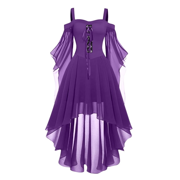 Women's Halloween Witch Costumes, Off the Shoulder Dress Spaghetti Strap Chiffon Dress with Asymmetrical Hem and Butterfly Sleeves, Gothic Court Style Outfit for Halloween Parties
