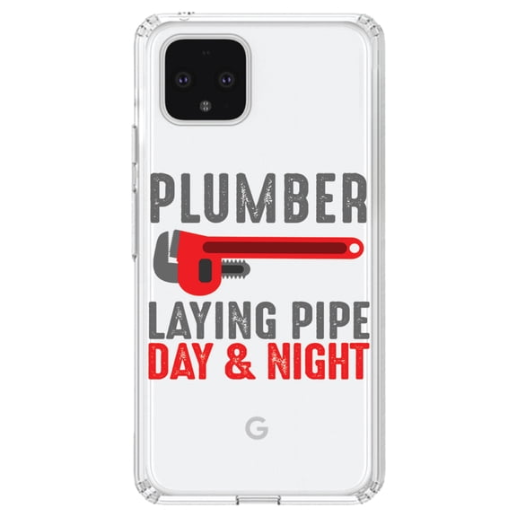 DistinctInk Clear Shockproof Hybrid Case for Google Pixel 4 (6.1" Screen) - TPU Bumper Acrylic Back Tempered Glass Screen Protector - Plumber - Laying Pipe Day & Night