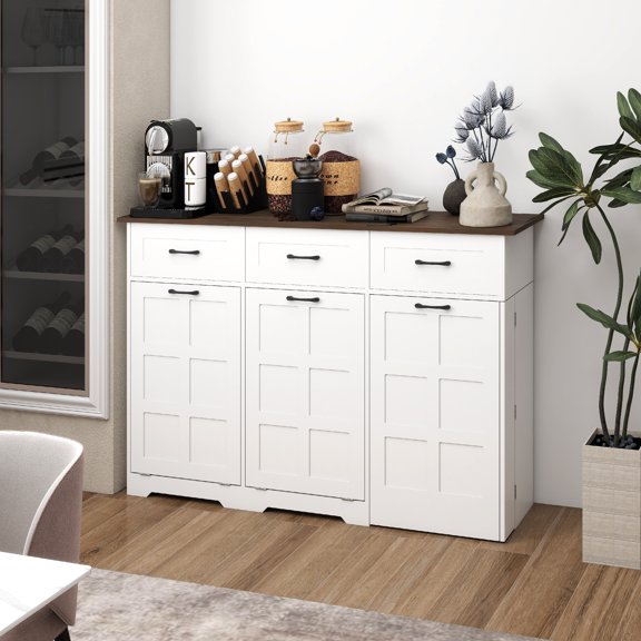 FULLWATT 58" Kitchen Island with Adjustable Shelves and Drawer, Kitchen Island Cart with Trash Storage Cabinet