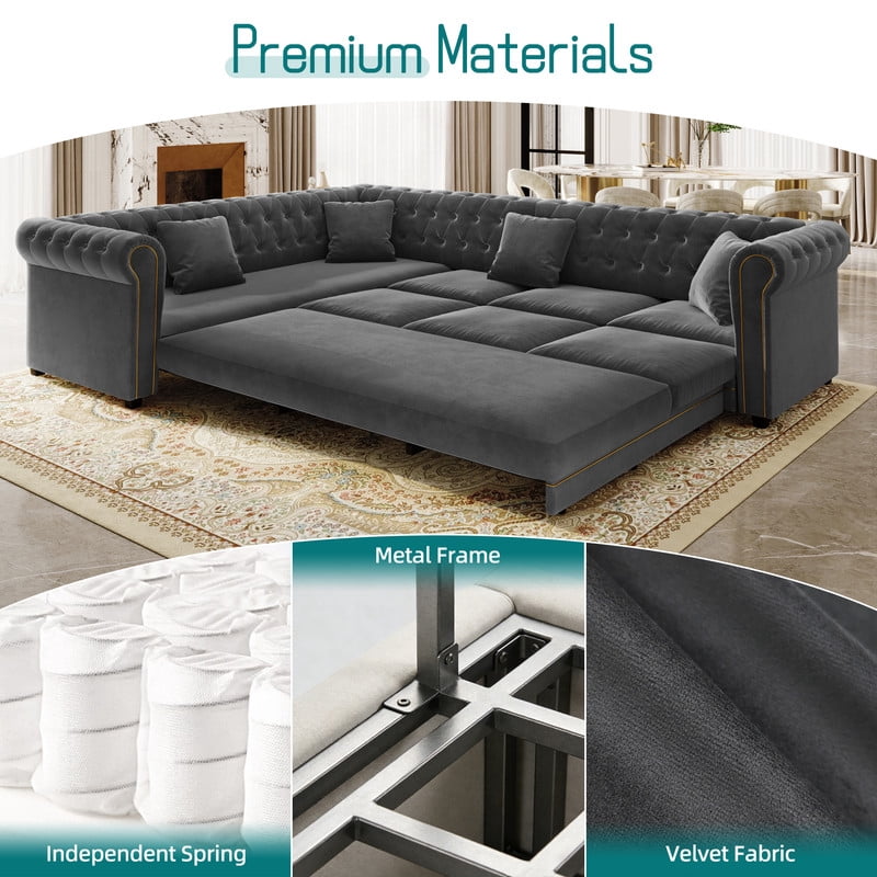 L-Shaped Chesterfield Sectional Sofa Set with Pull-Out Bed, Oversize Convertible Sleeper Sofa, Button Tufted Large Couch