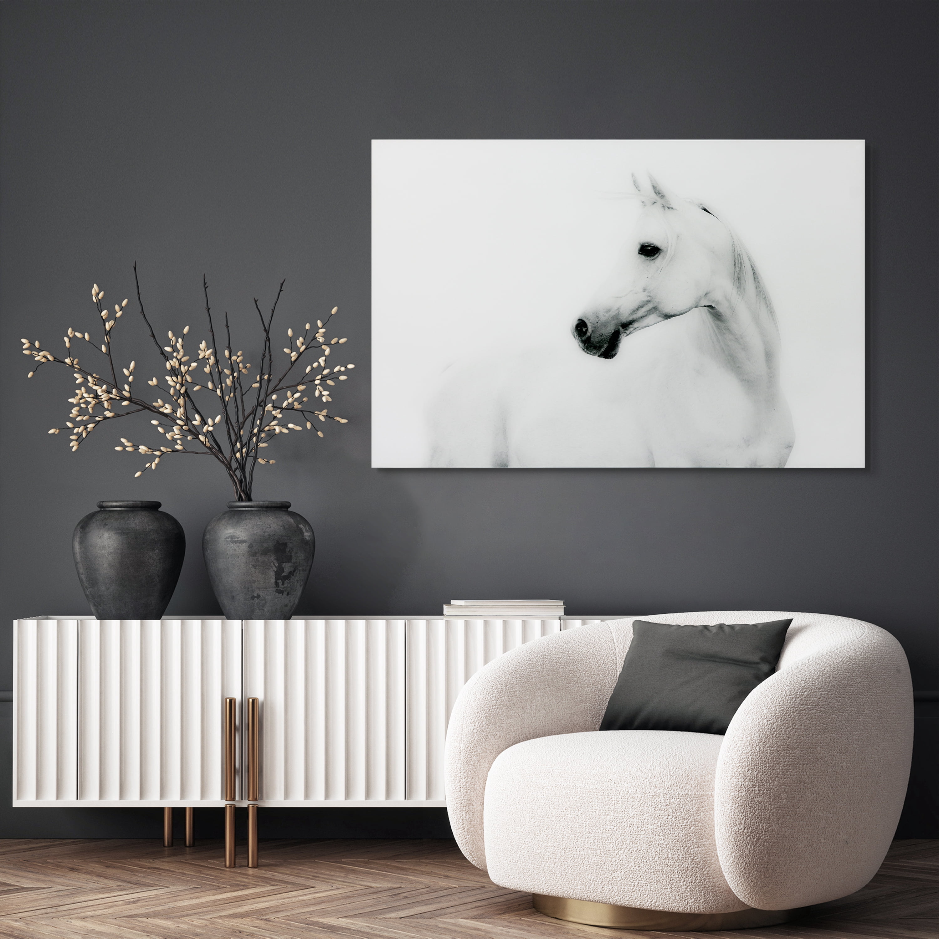 Empire Art Direct Blanco Stallion Horse Frameless Free Floating Tempered Glass Panel Graphic Wall Art, 48" x 32" x 0.2", Ready to Hang