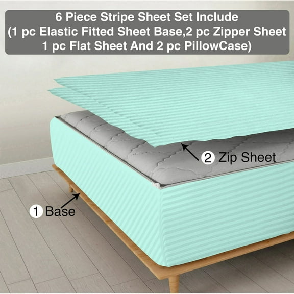 DNG Creations 6 Piece Zipper Sheet Set - Include (1 Elastic Fitted Sheet , 2 Base Sheet has Zipper, 1 Flat Sheet And 2 Pillowcase) 18 Inch Deep Pocket ( Stripe Aqua Blue - Twin )