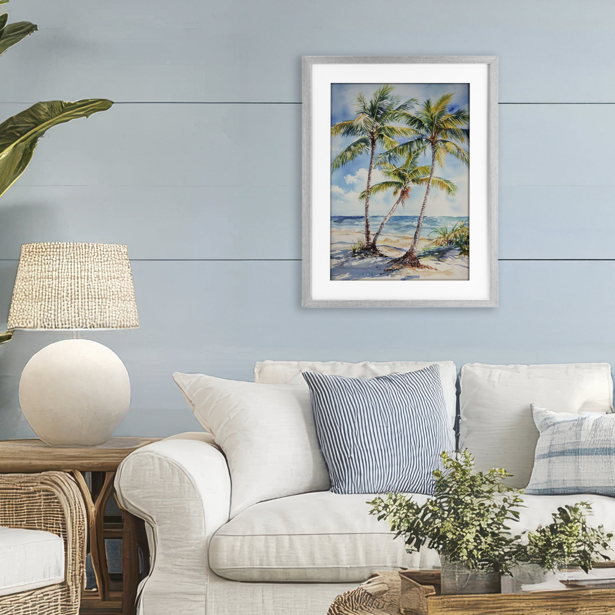 Stupell Industries Windy Palm Trees on Shore Gray Framed Print Under Glass, design by Petal Prints Design