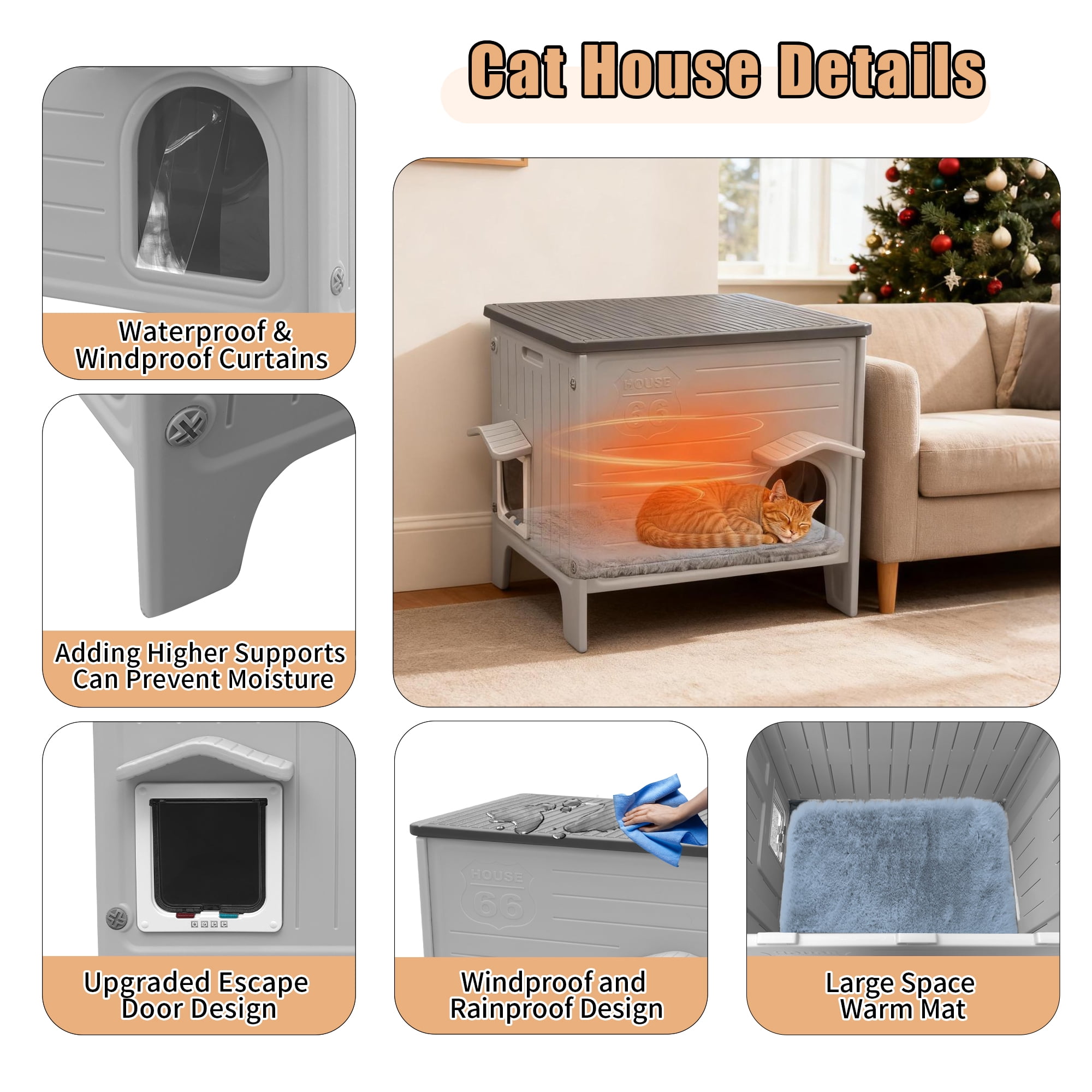 Waterproof Cat House for Outdoor Cats, Insulated Outdoor Cat House with Soft Mat, Elevated Feral Cat House Outdoor Indoor, Safe Escape Door, Spacious and Clean Easily