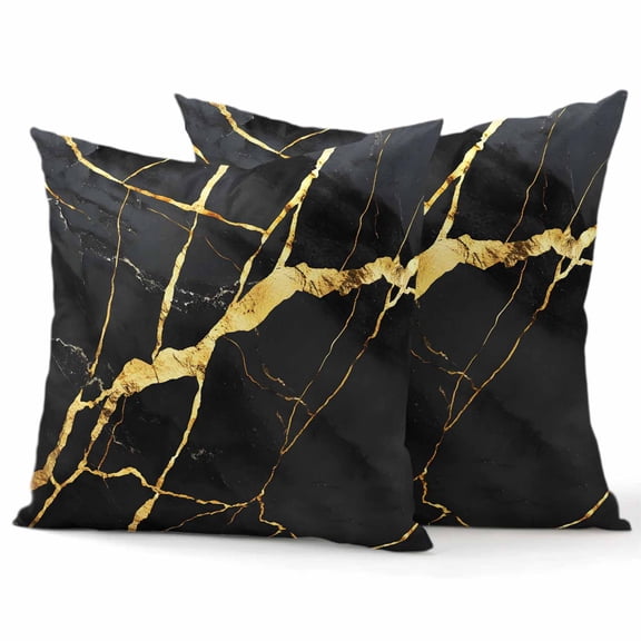 Throw Pillow Covers 18x18 Inch Set of 2 Black Marble Decorative Pillow Covers Golden Ripple Cushion Cover Pillowcase for Sofa Couch Bed Home Decor
