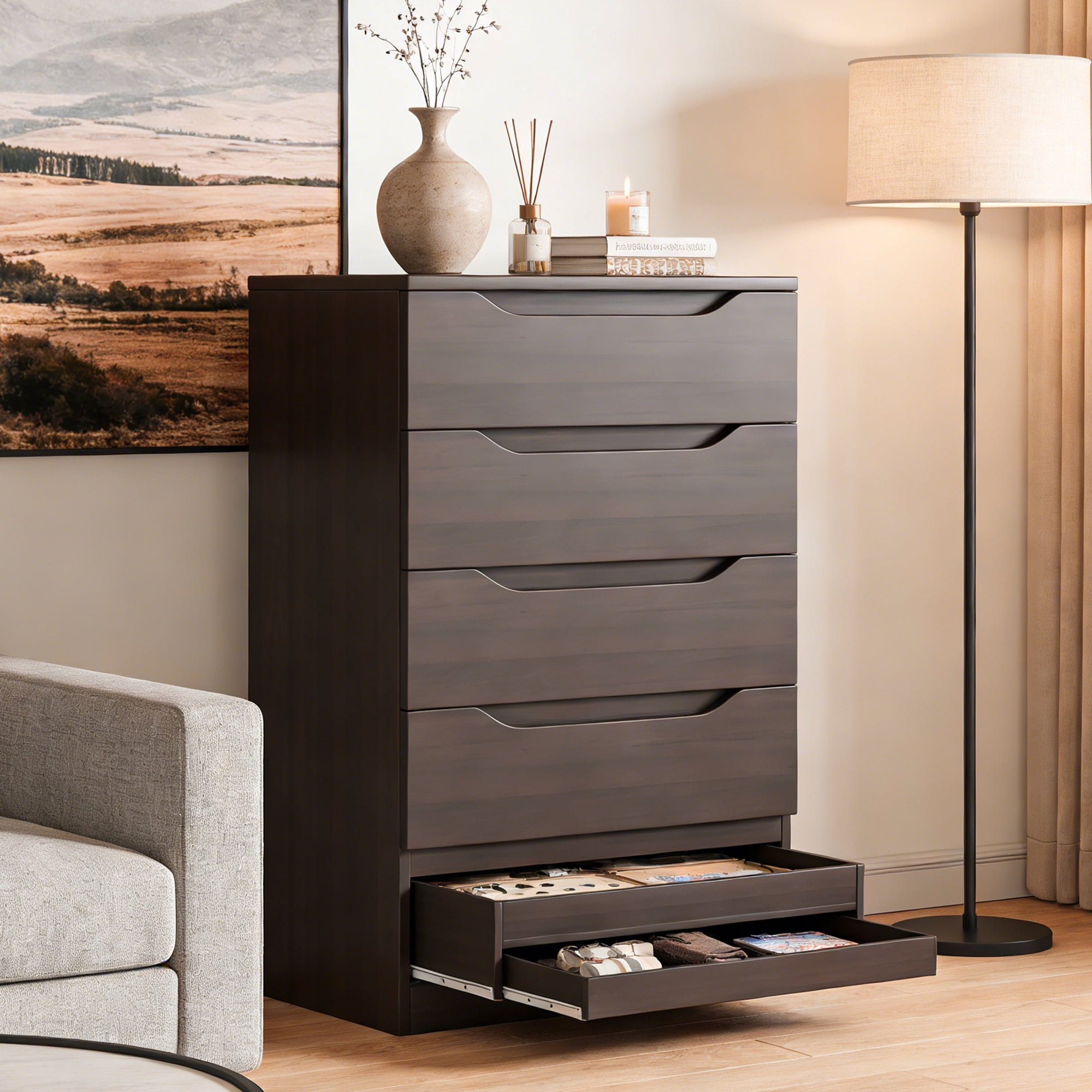 Vipuse Brown Tall 5 Drawer Dresser for Bedroom with Hidden Storage Design, Large Modern Closet Dressers & Chests of Drawers with Cut-Out Handles, 27.6" L*15.8" W*45.3" H for Bedroom,,Brown