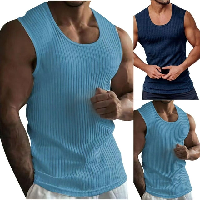 Momasggi Men's Ribbed Knit Tank Tops Summer Sleeveless Crew Neck Tees Muscle Basic T Shirts Solid Color Gym Workout Tank Top Light Blue M