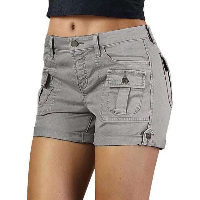 Pantalones cortos de senderismo para mujer Cintura media Bolsillo con solapa Roll Tab Dobladillo Casual Verano 2023 TrendyGrayX-Large
