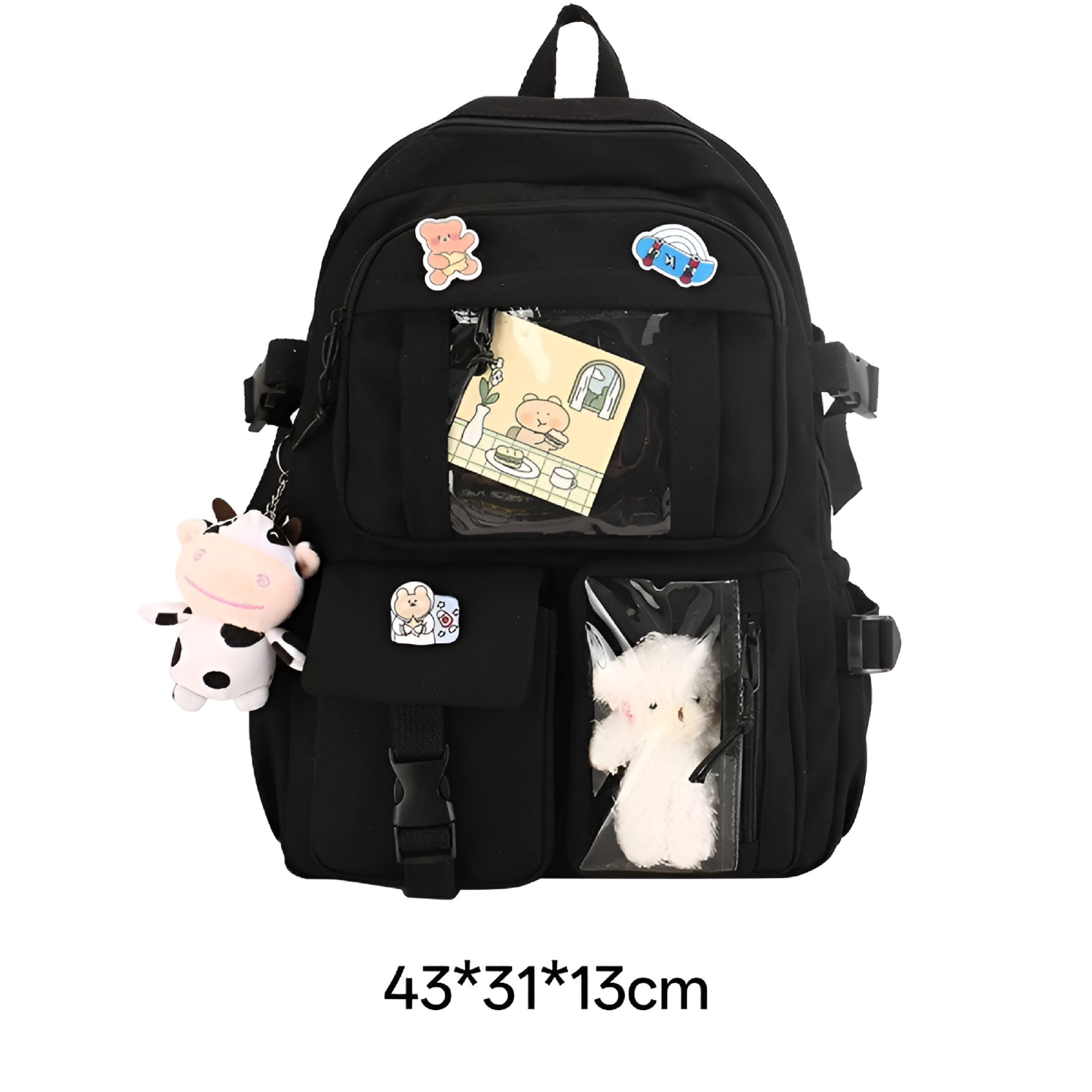 GASTROPOD 2026 New Kawaii Cute Bear Backpack with Cow Pendant & Pins - Back to School Supplies Student Animal Japanese Anime Bag Daypack for School, Travel, Outing, Casual Use