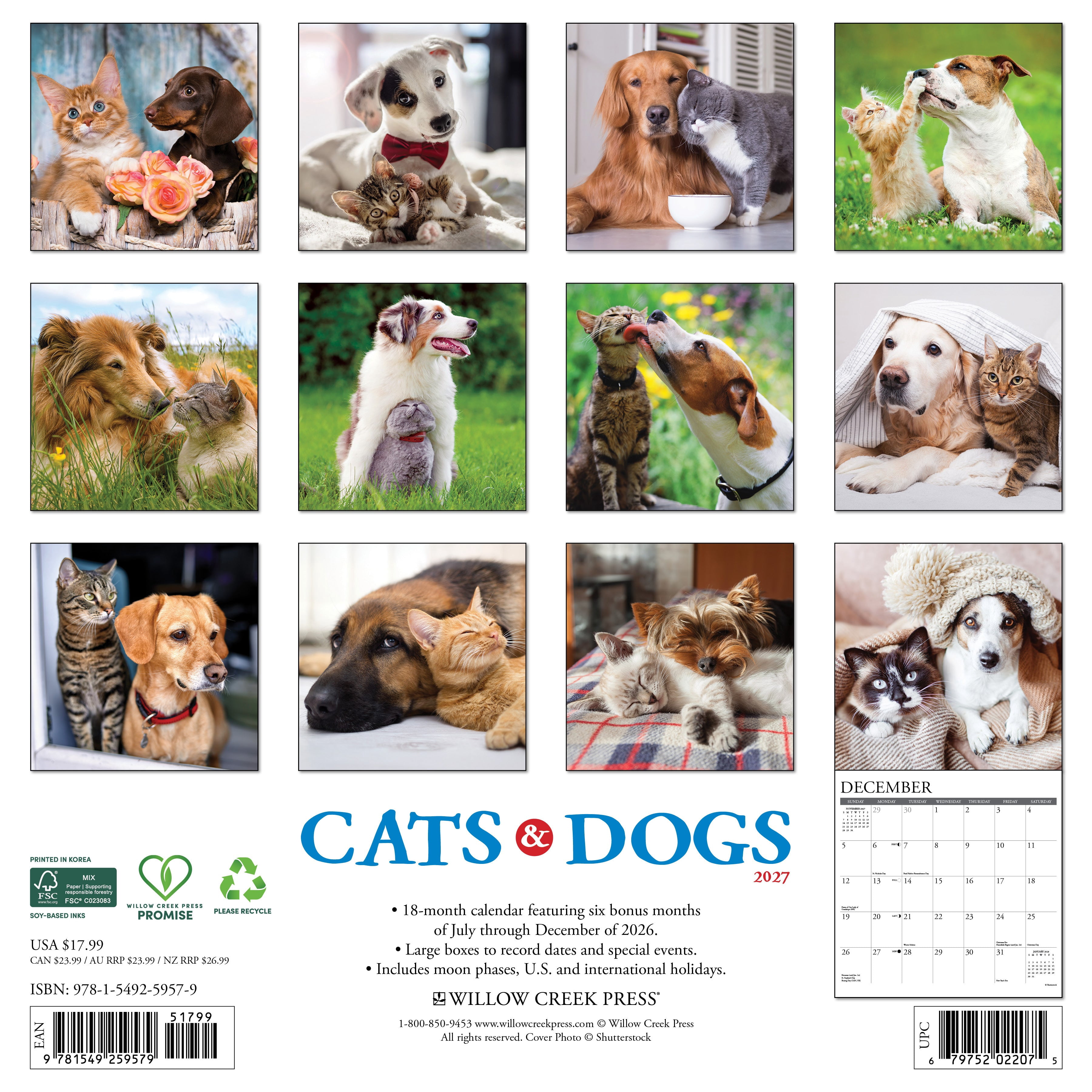 Willow Creek Press, Cats & Dogs 2027 Wall Calendar