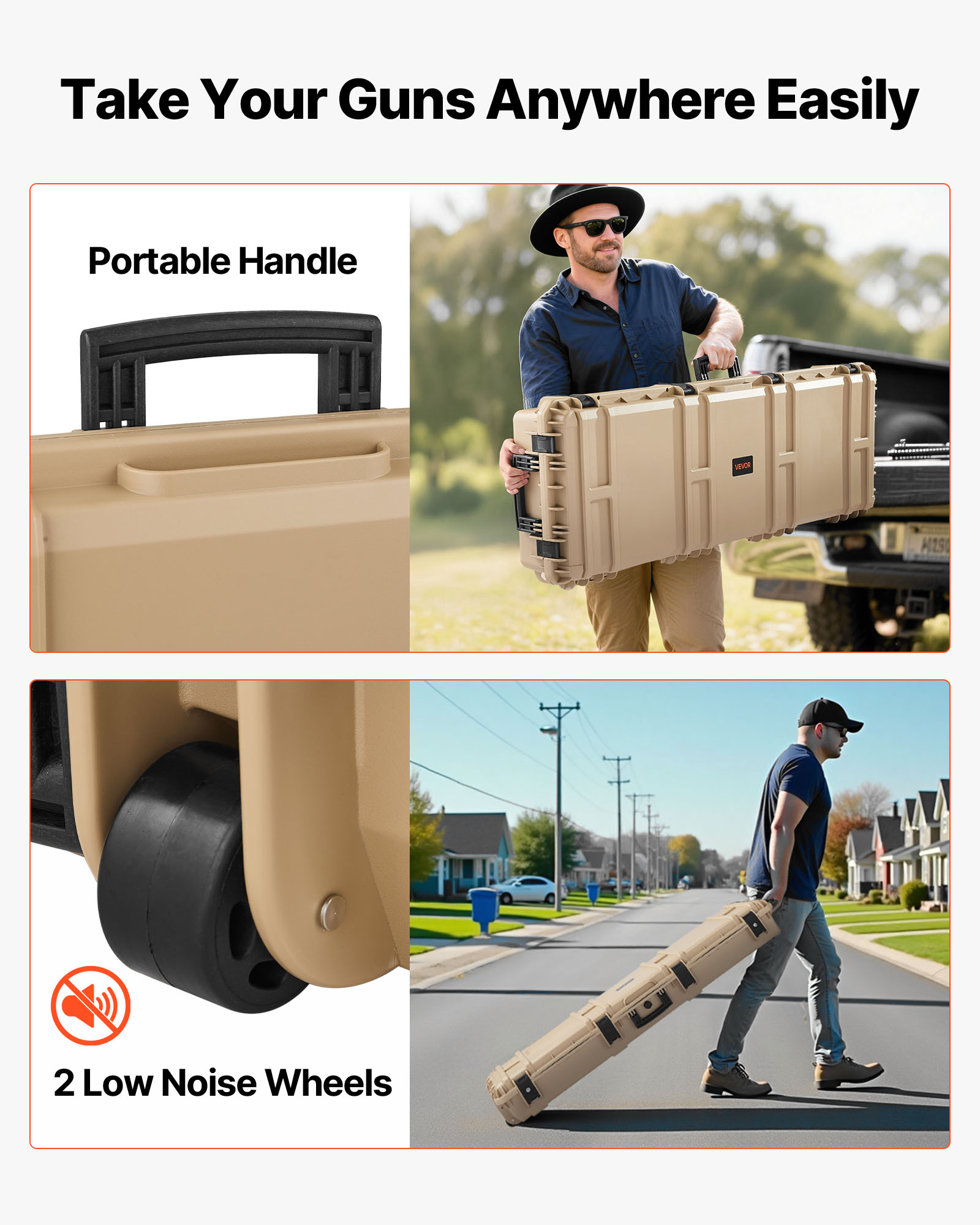 VEVOR Hard Rifle Case, Lockable Rifle Case with Pre-cut Foams, 52 in Gun Storage with Wheels, Heavy Duty IP67 Waterproof & Dustproof Pistol Storage Cases for Rifles, Shotguns, Airsoft Guns, Khaki