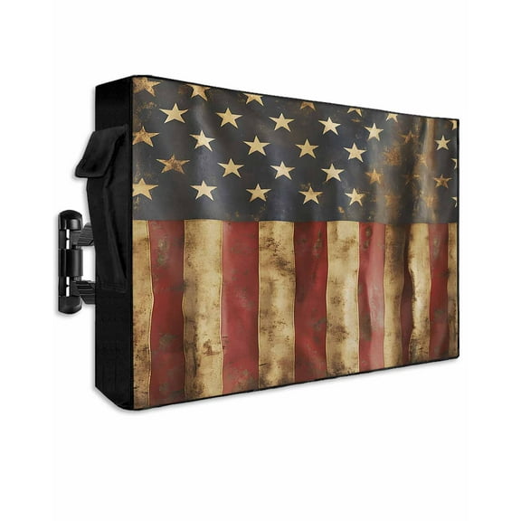 Vintage American Flag Outdoor TV Cover 60 to 65 Inch Weatherproof, Farmhouse Shabby Patriot 600D Oxford TV Covers with Waterproof Zipper, Outside Flat TV Screen Protector Size 58"W x 37"H x 4.5"D