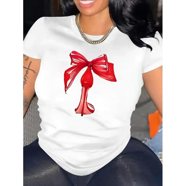 Camisetas de verano para mujer, manga corta, cuello redondo, casual, lindo, con gráficos, camisetas básicasWomen's Casual Crew Neck T-Shirt with Abstract Red Bow Print - Polyester & Spandex Blend, K