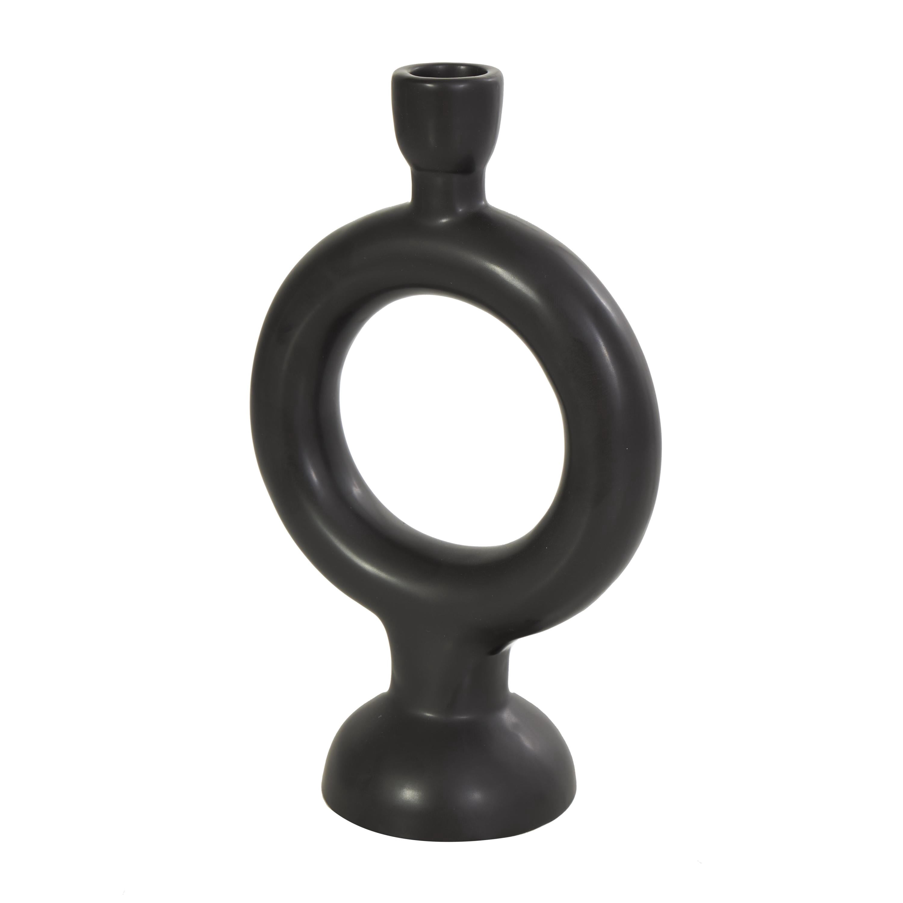 CosmoLiving by Cosmopolitan 2 Candle Black Ceramic Geometric Ring Candle Holder, Set of 2