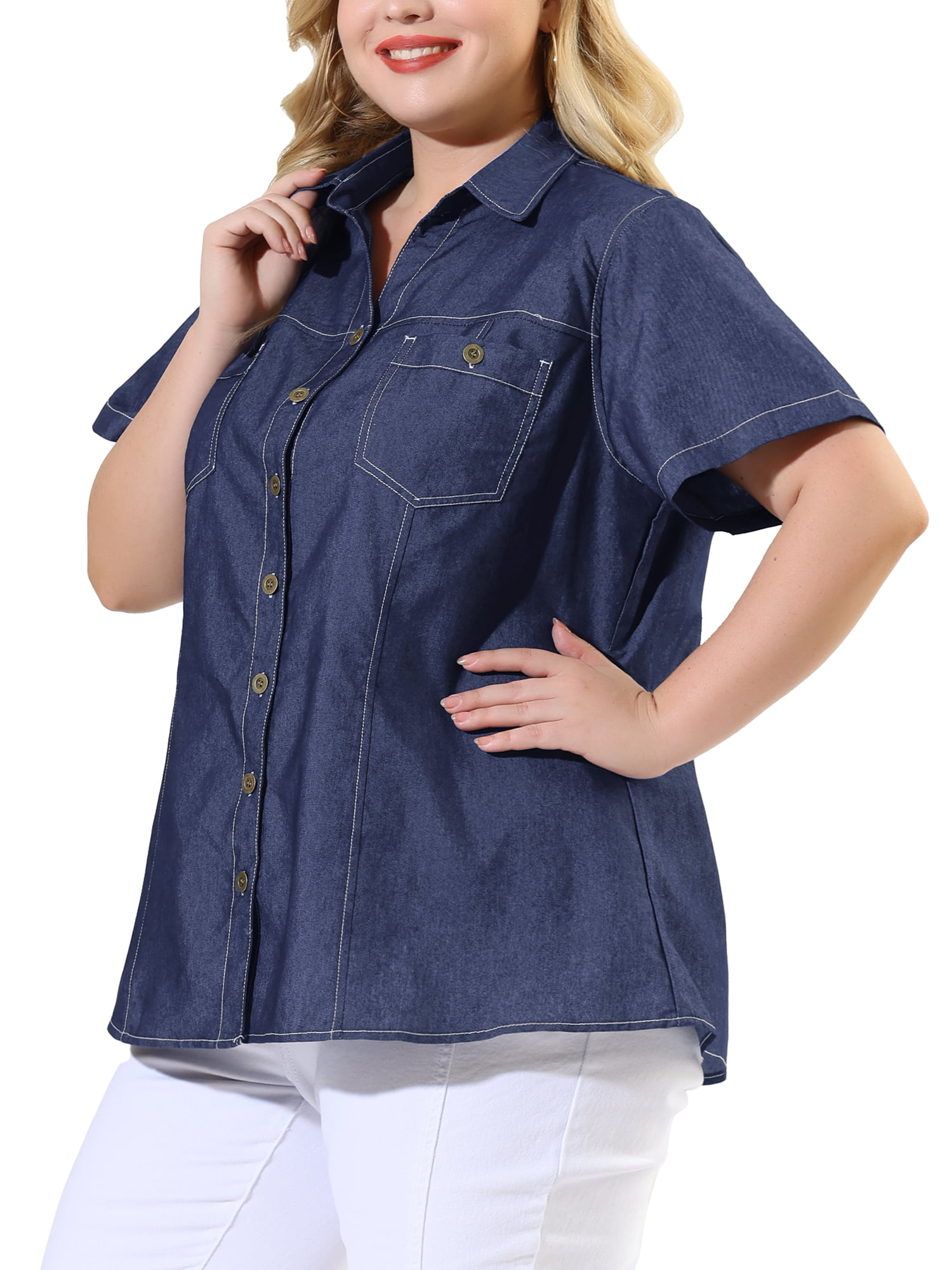 Unique Bargains Women's Plus Size Shirts Chest Pocket Button Down 