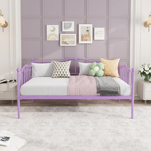 Twin Size Daybed Frame, Metal Platform Sofa Bed with Stylish Headboard, Heavy Duty Steel Slat Support, Space Saving, for Bedroom/Guest Room,Purple