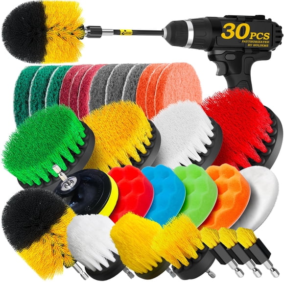Holikme Ensemble de 30 Pcs d'Accessoires pour Brosse à Perceuse, Tampons à Récurer et Éponge, Brosse Récurante Puissante avec Accessoire Long Extensible, Nettoyage Tout Usage pour Coulis, Carreaux,