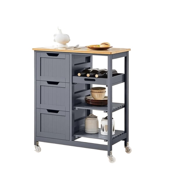 Kitchen Island Cart On Wheels With Storage Rolling Bar Cart With Solid Wood Top And Drawers 3 Removable Shelves