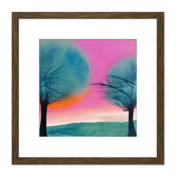 Sunset Tree Silhouette Landscape Modern Abstract Pastel Pink Teal Orange Watercolour Painting Square Wooden Framed Wall Art Print Picture 8X8 Inch