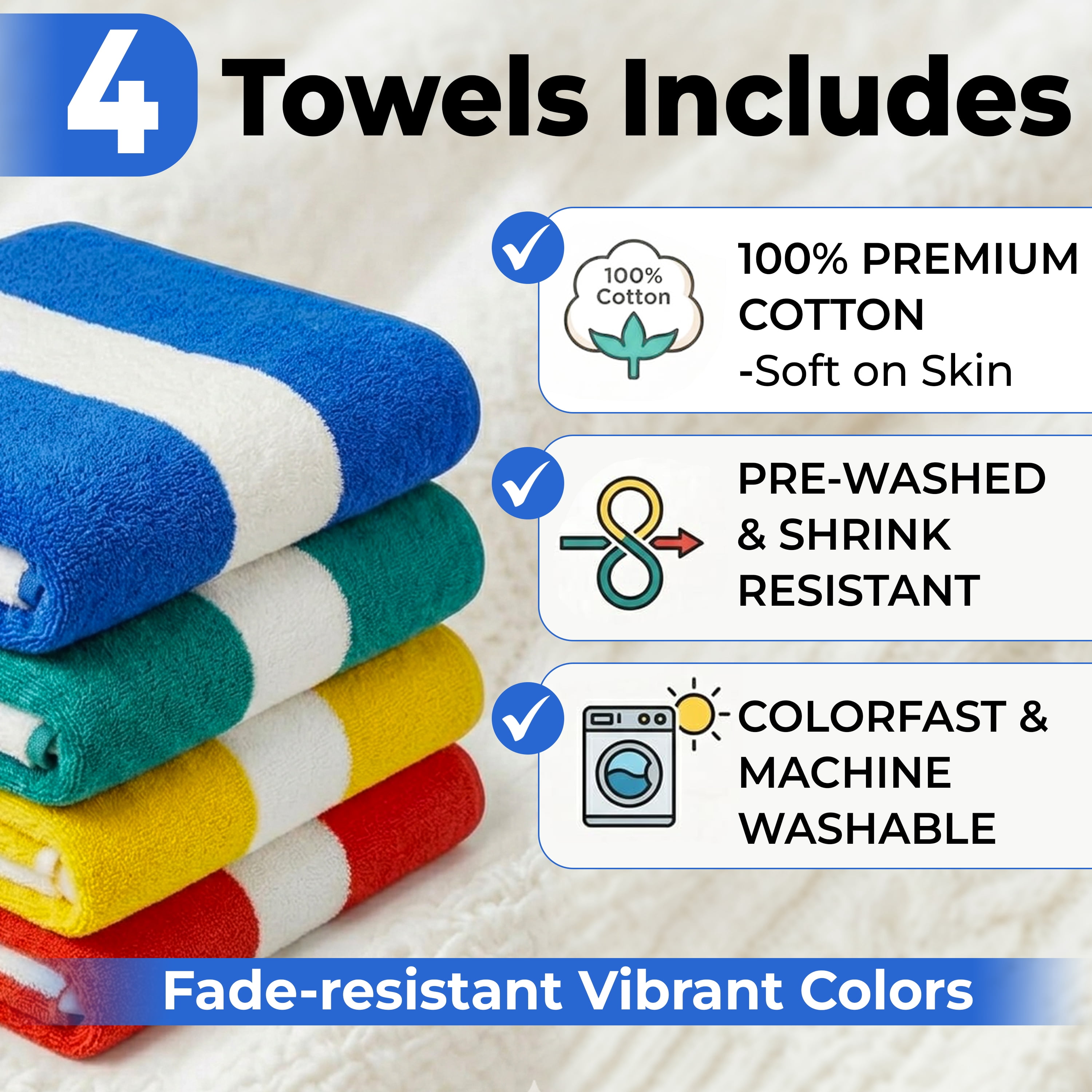 Beach Towels 4 Pack Cotton - Soft Absorbent Face Towels, Multicolor Wash Cloths for Beach & Pool by Springfield Linen