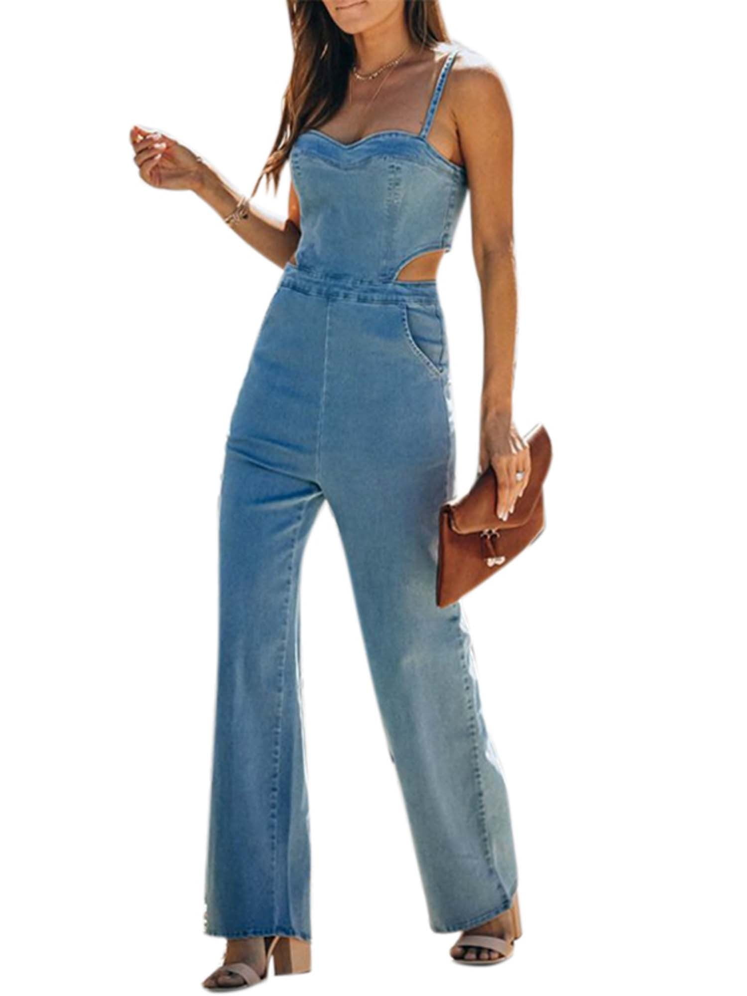 Lallc - Women's Denim Sleeveless Jumpsuit Long Pants Trousers Romper Casual Lounge Wear