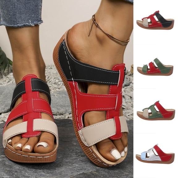 HomeDM Slip On Wedge Sandals for Women Open Toe Platform Summer Comfortable Beach Sandals, Red Size 5.5