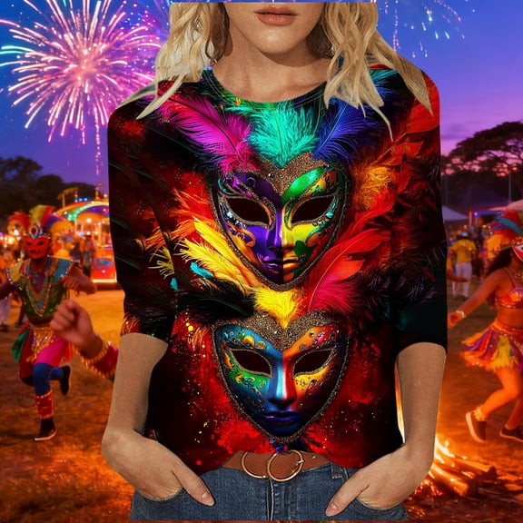 Womens Mardi Gras Tee Shirts Carnival Masked Graphic Crew Neck T Shirt Casual Fat-Tuesday Long Sleeve Party Tops Festival Mardi Gras Outfit 2026