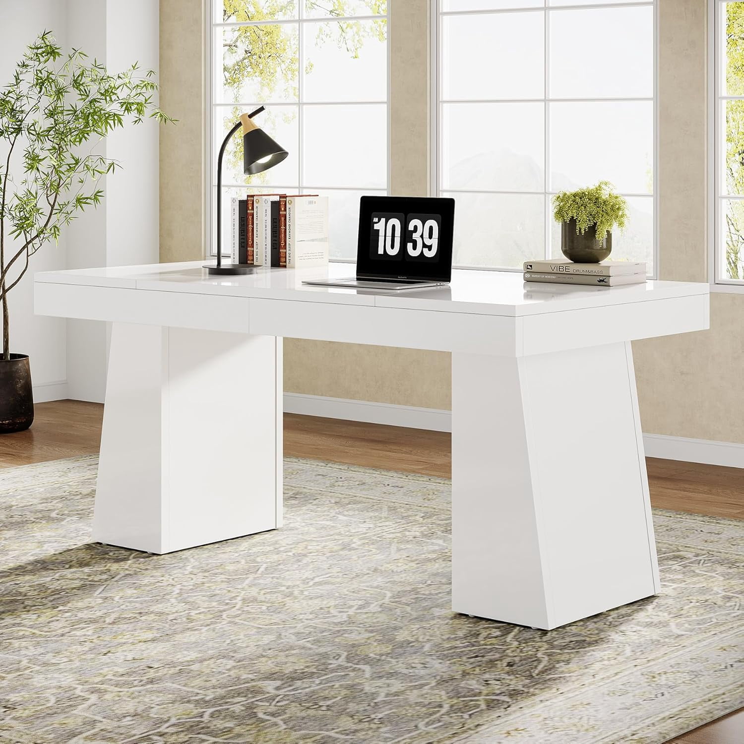 Tribesigns 55" Executive Desk, Mid-Century Home Office Desk with Double Trapezoid Base, Versatile Workstation Desk or Small Conference Table, White