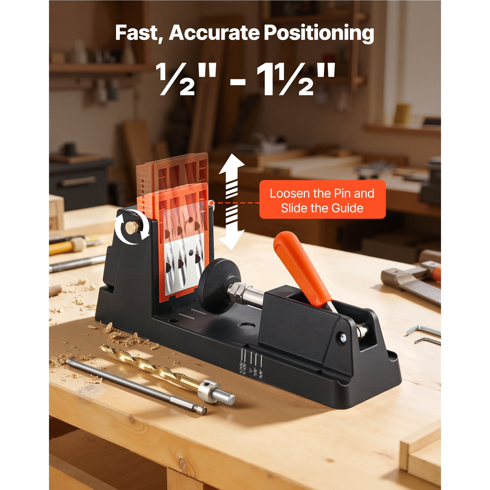 KFFKFF Adjustable Pocket Hole Jig Kit, Compatible with 1/2" to 1-1/2" Materials, Lightweight Design with Dust Collection Adapter, Removable Guide Block, Drill Bit, Stop Collar, and Easy Adjustment