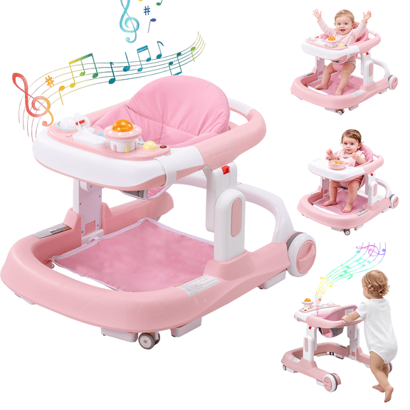 Baby Walker with Wheels, Adjustable Height, Music and Light for Girls Boys Infant 6-18 Months,Pink