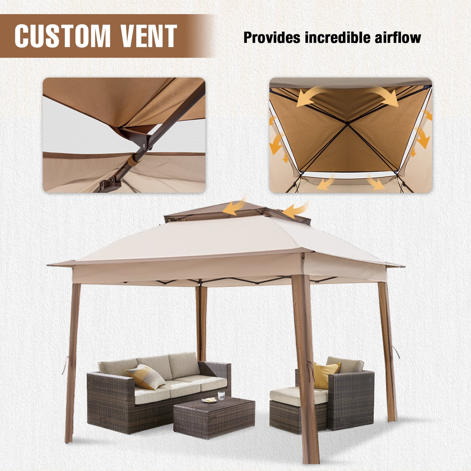 INTER HUT 11x11 Outdoor Pop up Gazebo Tent with Mesh Walls for Patio, Lawn, Backyard and Deck, Beige