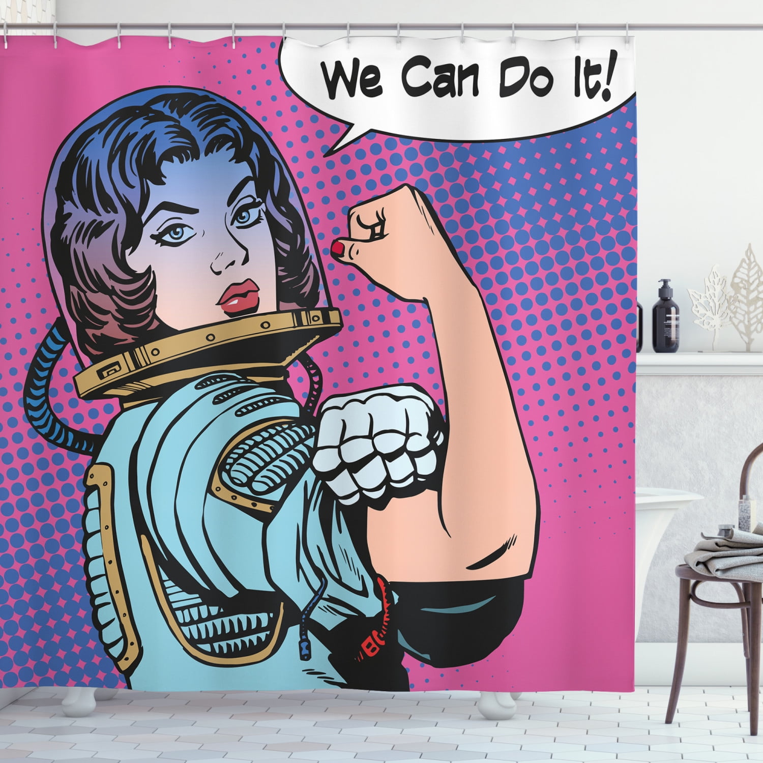 Comics Shower Curtain, Retro 50s 40s Comics Magazine Woman Figure with