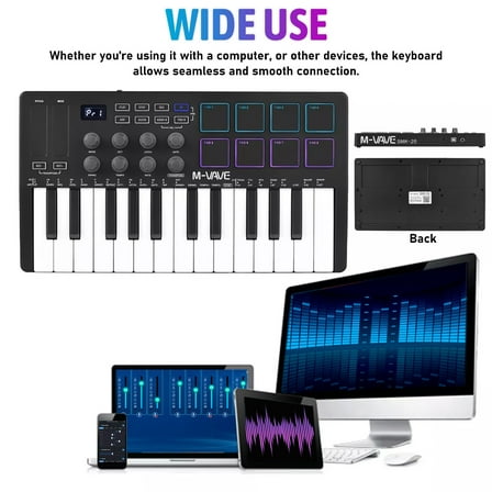Midi Keyboard Controller 25 Key Portable Mini Bluetooth & USB Midi Piano, 8 Knobs and Music Production Software for Computer Recording, Music Production