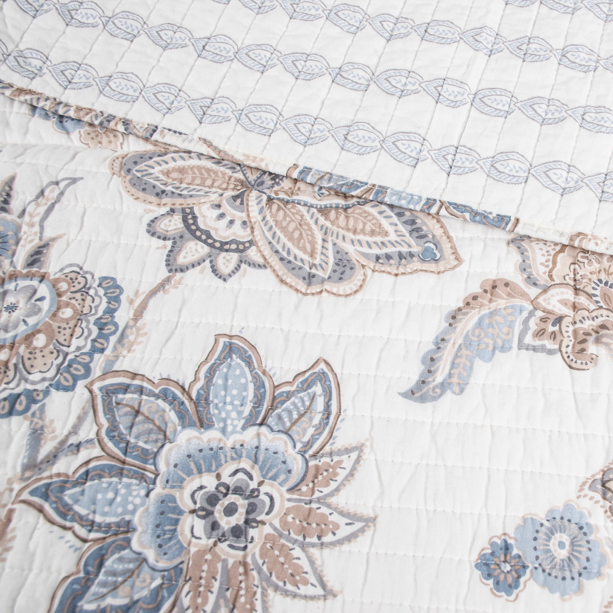 Levtex Home - Selesta Blue - Throw - Floral - Blue Taupe Grey - Quilt (50x60in.) and Sham 50x60in. - Cotton