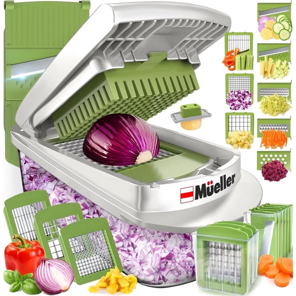 MÜELLERHOME Pro-Series 10-in-1, 8 Blade Vegetable Chopper, Onion Mincer, Cutter, Dicer, Egg Slicer with Container, French Fry Cutter Potato Slicer, Home Essentials, Salad Chopper White Sand/Green