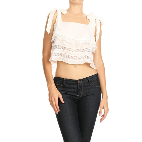 Feinuhan Summer Womens Casual Vest Flowy Lace Ruffle Crop Top With Adjustable Tie Straps Short Tops