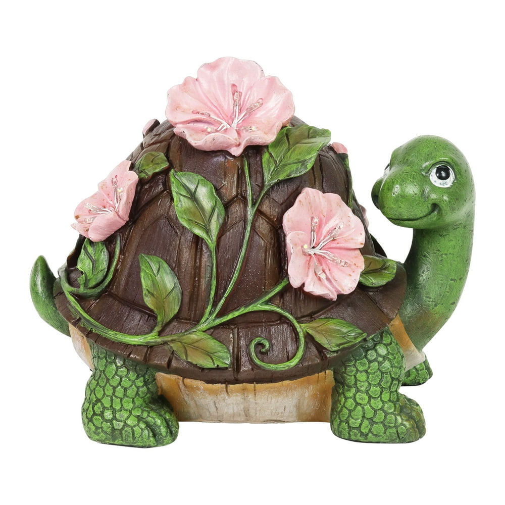 Exhart Solar Turtle with Pink Flowers Garden Statue, 8 inch, Resin