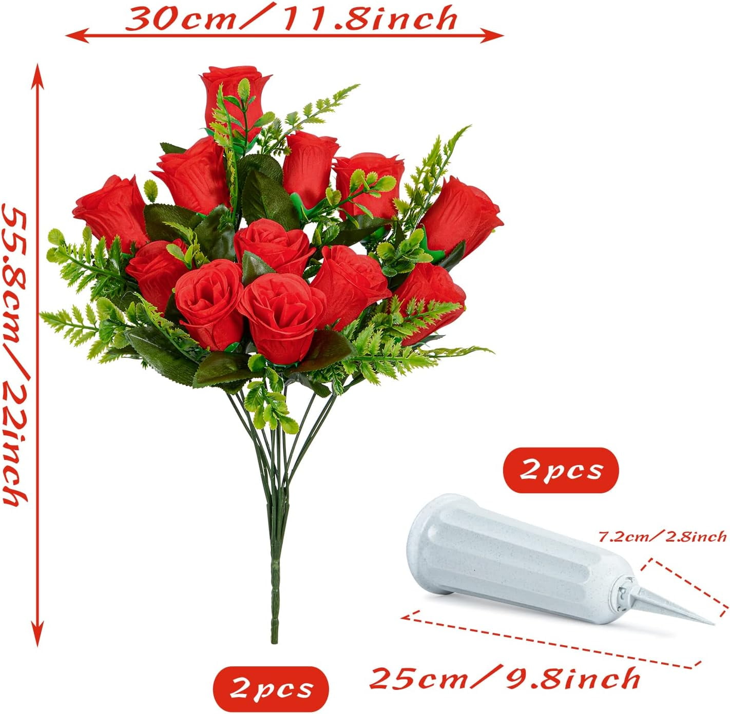 Artificial Cemetery Flowers, Set of Artificial Rose Bouquet Grave Memorial Flowers with Vase for Cemetery Headstones Decoration (Red, Set of )